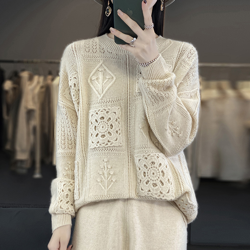 Womens Wool Crew-Neck Crochet Hollow-Out Sweater