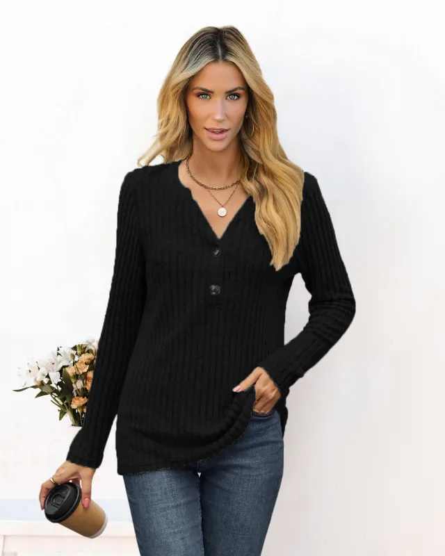 Solid Color And V neck Long Sleeve T shirt Black - Shop at LoveMi
