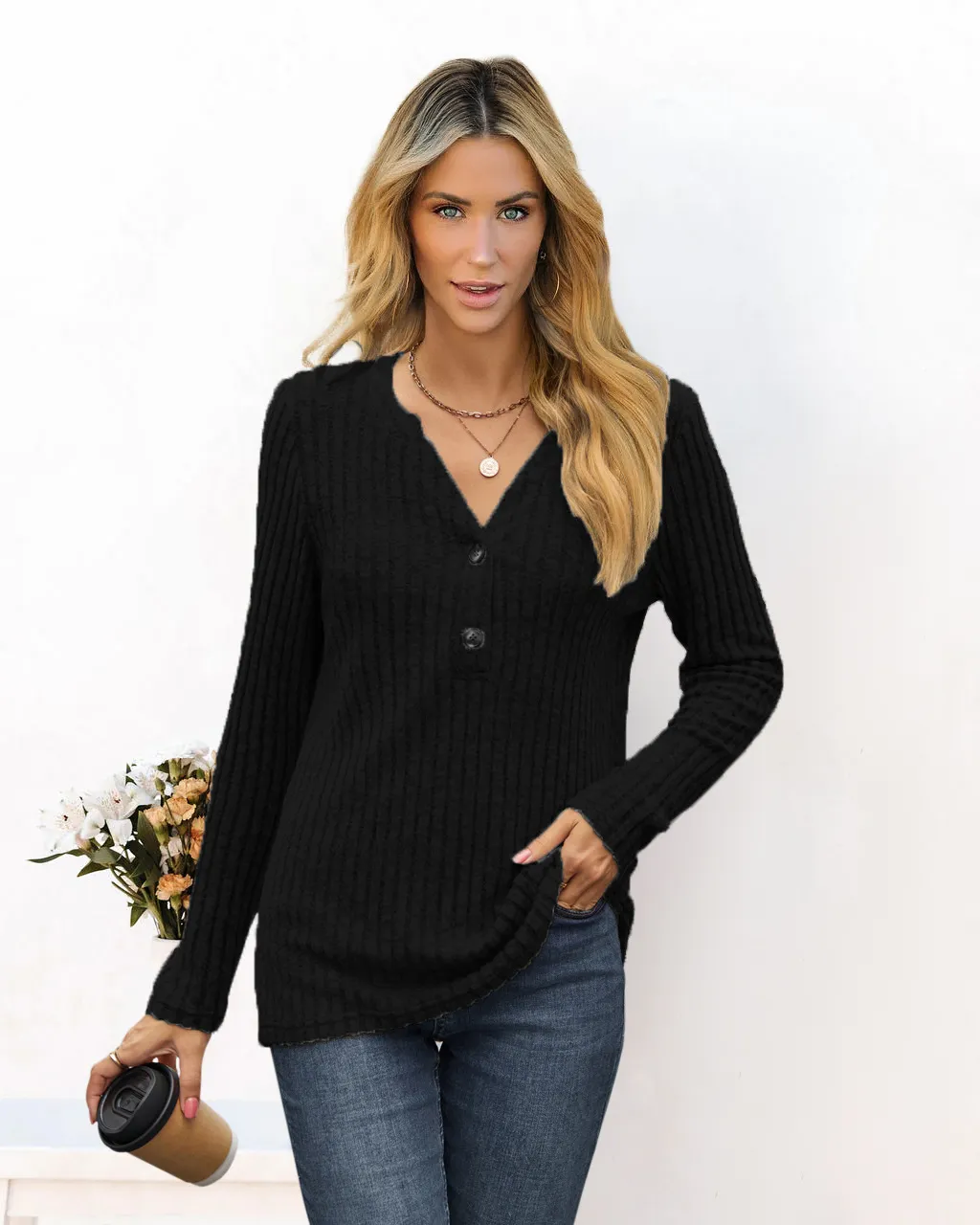 Solid Color And V-neck Long Sleeve T-shirt - Black