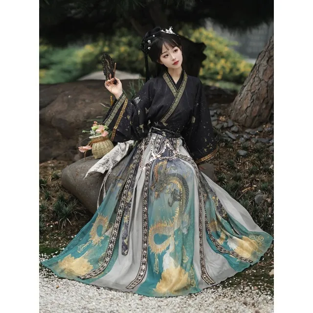 Qi Waist Robe Skirt Graceful And Astonishing Hanfu Set Blue Suit With Waist Chain - Shop at LoveMi