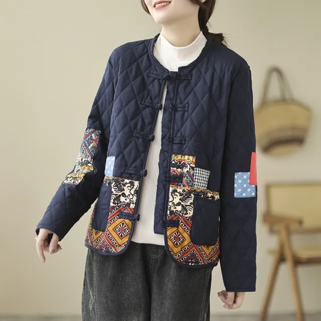Vintage Patch Cardigan Loose Casual Buckle Rhombus Cotton padded Jacket Yellow - Shop at LoveMi