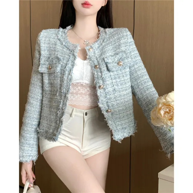 Short Chanel Coat Women's Multi button Top Light Blue - Shop at LoveMi