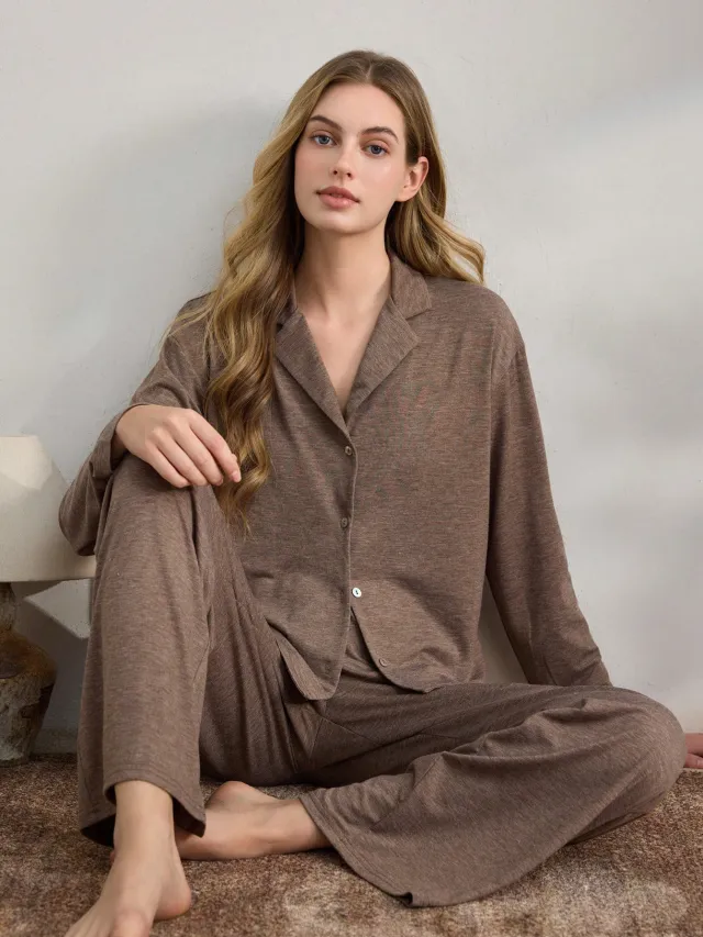 Casual Cardigan Long sleeve Top And Loose fitting Pants Pajama Set Brown - Shop at LoveMi