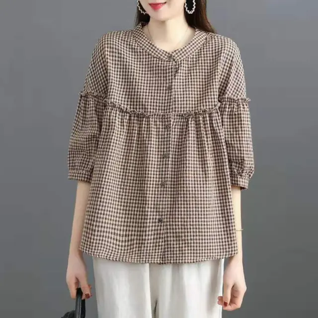 Korean style Loose Casual Oversized Versatile Shirt Coffee Color Lattice - Shop at LoveMi
