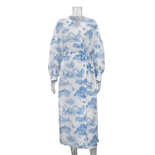 Vintage Ink Print Long Sleeve Cardigan Tied Dress Blue - Shop at LoveMi