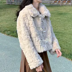 Lamb Fur Coat, Female Faux Fur, Rabbit Hair Embossed - Apricot - View 1