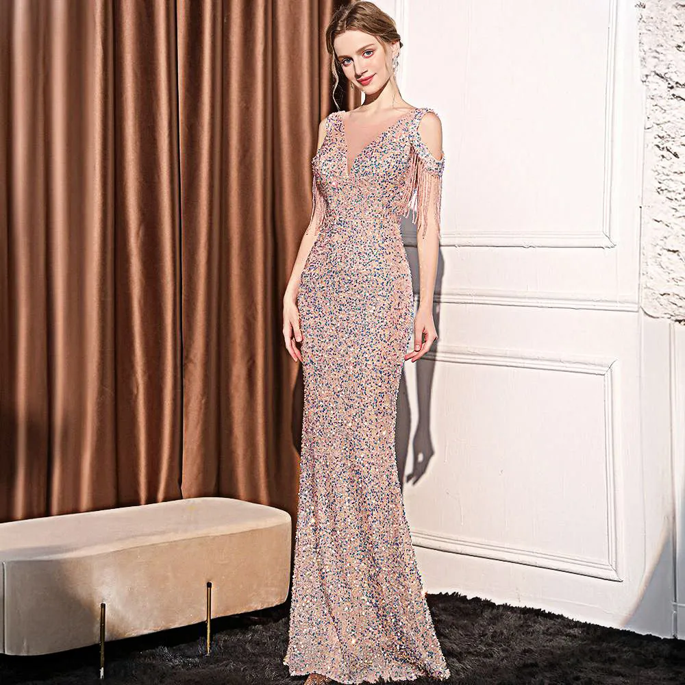 Sequin Long Slim Slimming Fishtail Dress - Pink 18580