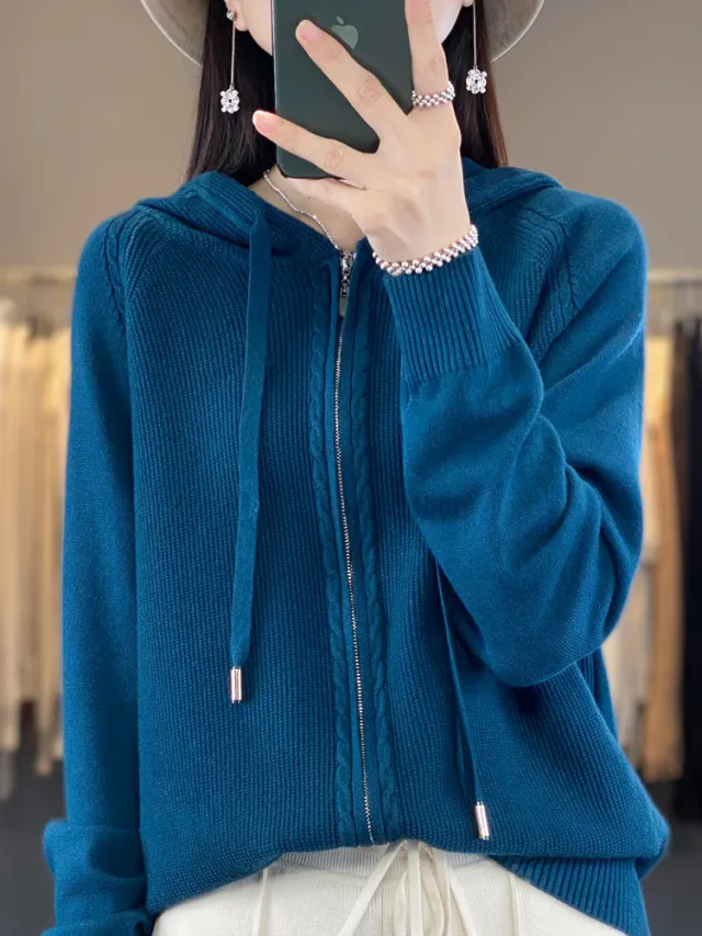Double Zipper Cardigan Sweater Hoodie Loose fitting Hoodie Long Sleeve Seaweed Blue - Shop at LoveMi