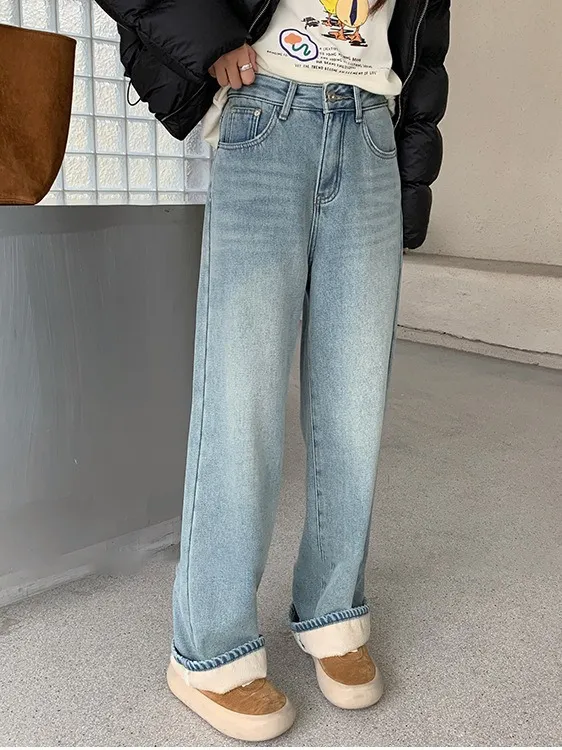 Retro Blue Pear shaped High Waist Velvet Padded Baggy Pants Light Blue With Fleece Lining - Shop at LoveMi