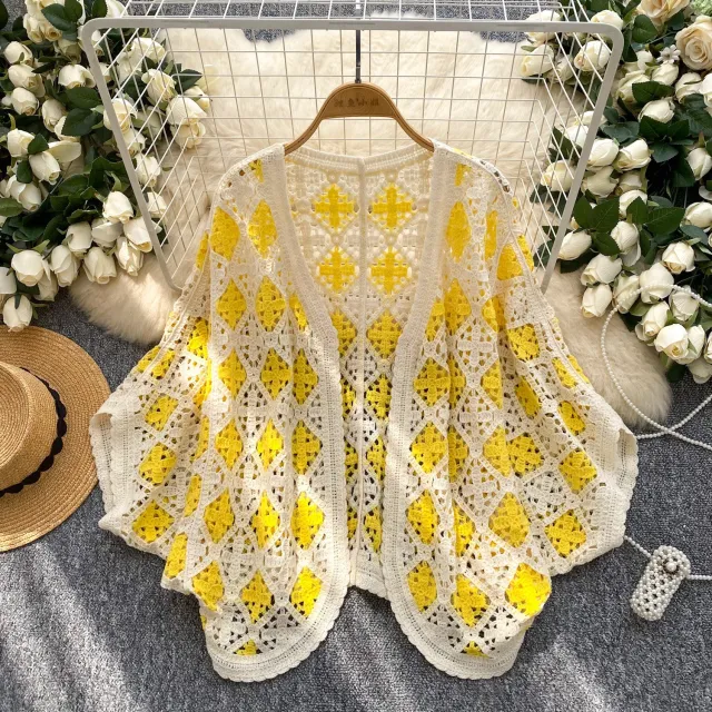 Coat Women's Hollow Crocheted Knitted Batwing Sleeve Top Shawl Yellow - Shop at LoveMi