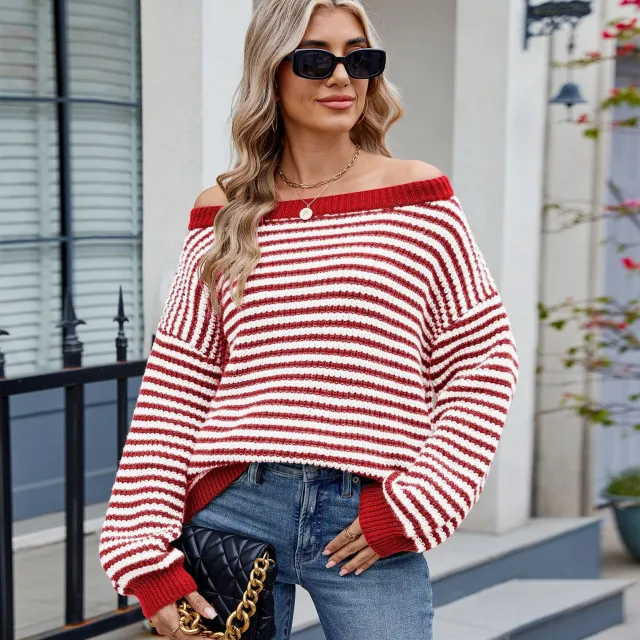New Stylish Boat neckline Knit Sweater Striped Contrast color Sweater Red - Shop at LoveMi