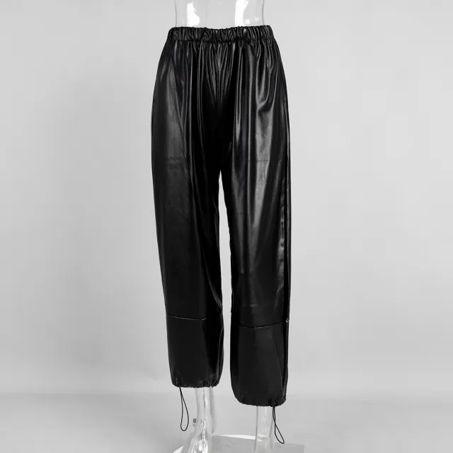 Drawstring Ankle tied Bloomers Loose Leather Pants PU Leather Trousers Black - Shop at LoveMi