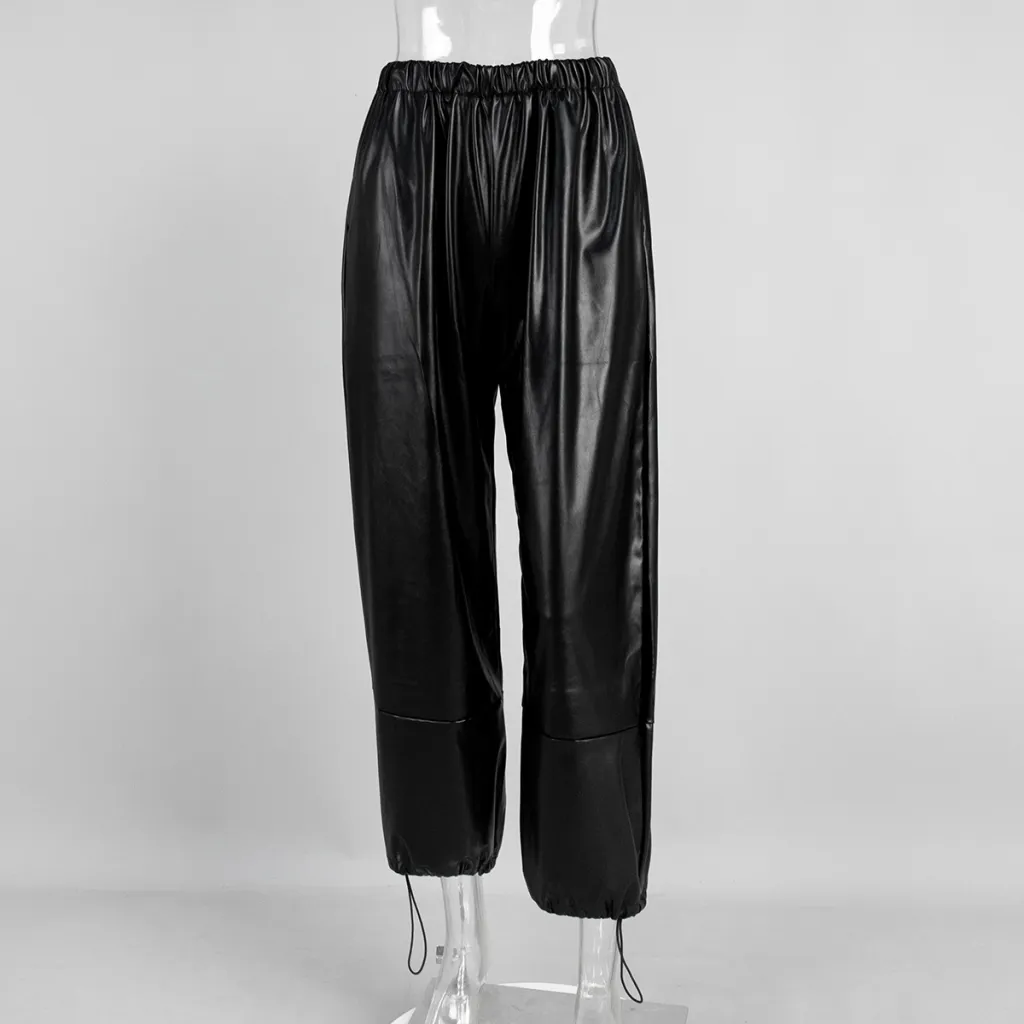 Drawstring Ankle-tied Bloomers Loose Leather Pants PU Leather Trousers - Black