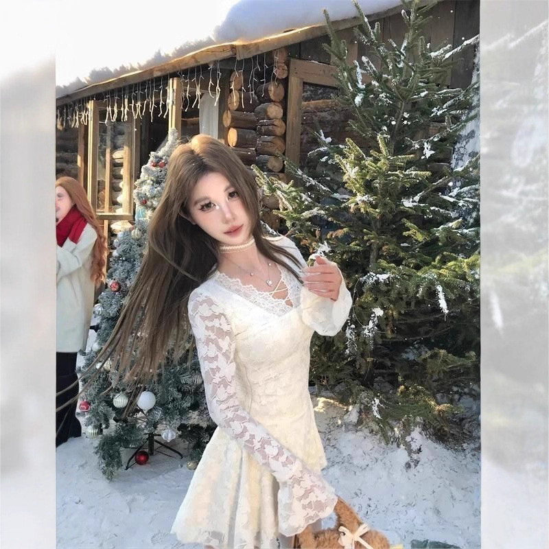 Sensual And Sassy Black Lace Slimming Short Dress With Long Sleeves - Image 2