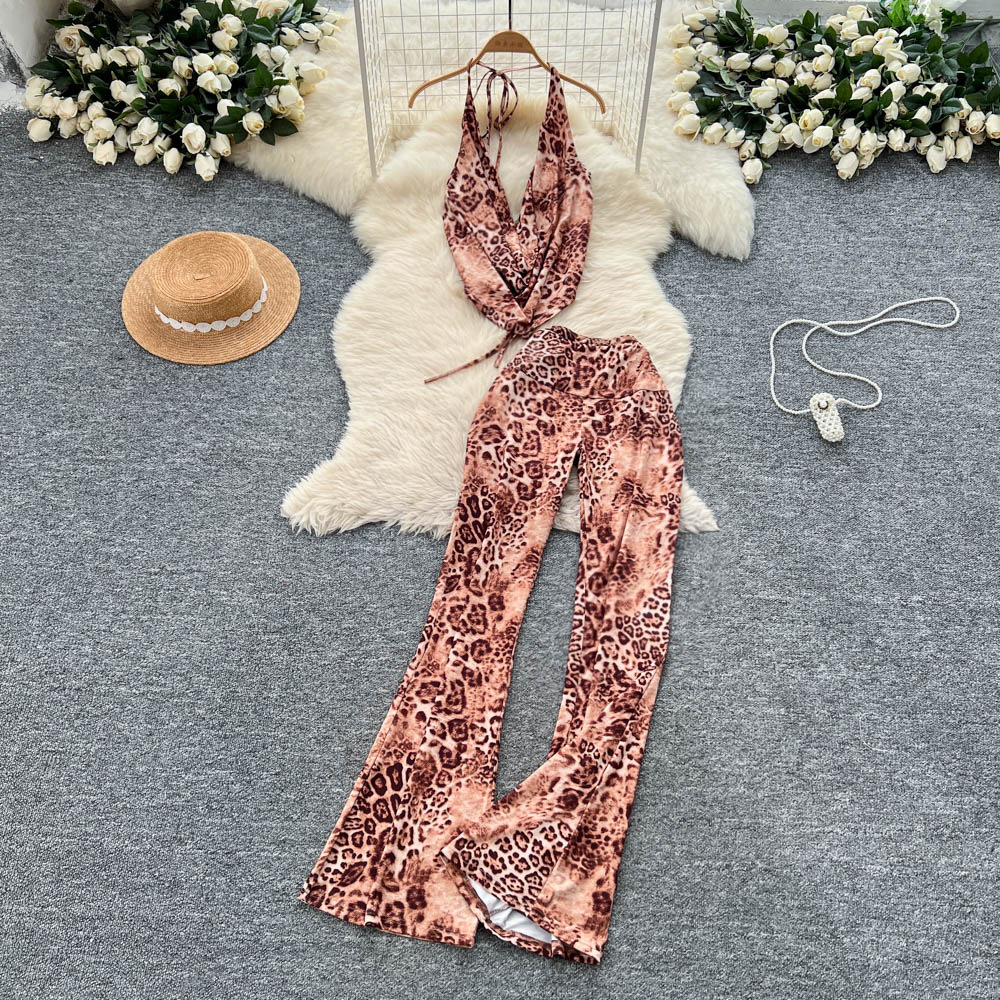 Sexy Scooped-neck Leopard-print Tank Top With High-waisted Flared Pants