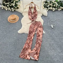 Sexy Scooped-neck Leopard-print Tank Top With High-waisted Flared Pants - Leopard - View 1
