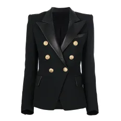 Fashion Stitching PU Leather Long Sleeve Double Breasted Suit Jacket Tops - Black - View 1
