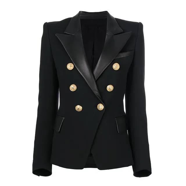 Fashion Stitching PU Leather Long Sleeve Double Breasted Suit Jacket Tops Black - Shop at LoveMi