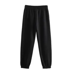 Autumn New Women's Clothing Solid Colour Basic Short Sweater Ankle Banded Lace-up Jogger Pants Suit - Black Pants - View 1