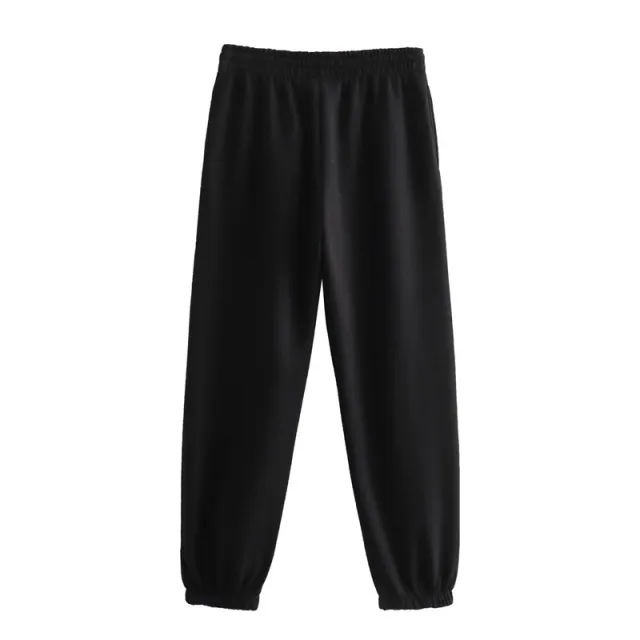 Autumn New Women's Clothing Solid Color Basic Short Sweater Ankle Banded Lace up Jogger Pants Suit Black Pants - Shop at LoveMi