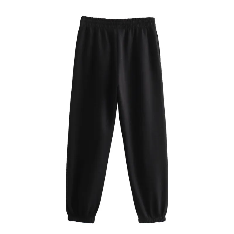 Autumn New Women's Clothing Solid Colour Basic Short Sweater Ankle Banded Lace-up Jogger Pants Suit - Black Pants