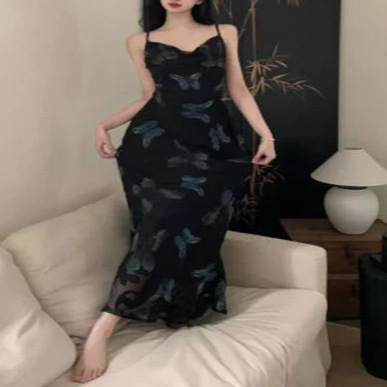 Womens Retro Butterfly French-Style Slim-fit Slip Dress - Image 3