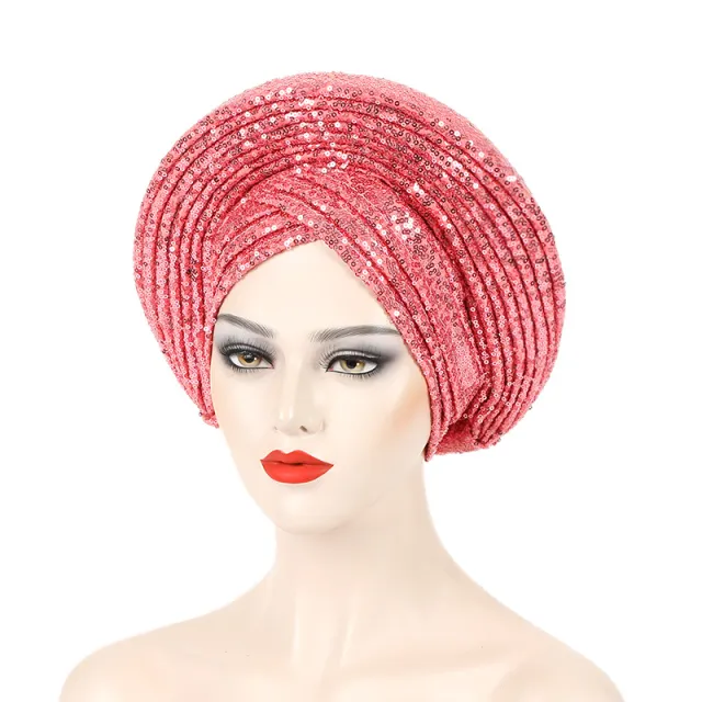 New Sequin Laminated Heavy Industry African Wedding Headscarf Toque Watermelon Red - Shop at LoveMi