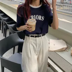 Summer Korean Style Women's Cotton Heel Wrapped Collar BF Style Loose Contrast Color Letter Print Short-sleeve - Navy Blue - View 1
