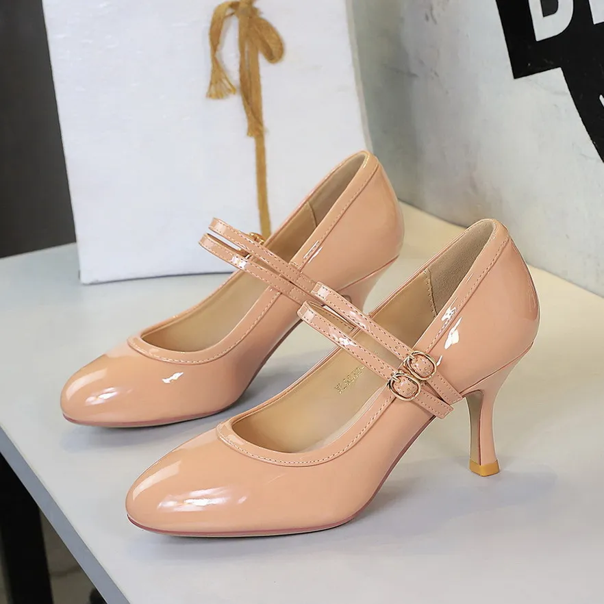 Slender Heel Round Toe Shallow Double Buckle Gentle Jk With Skirt Mary Jane Shoes - Nude