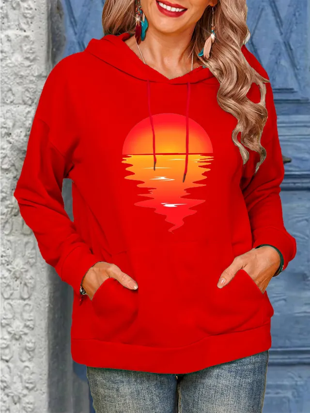 Sun Pattern Printing Hoodie With Drawstrings Sweaters Women's Clothing Red - Shop at LoveMi