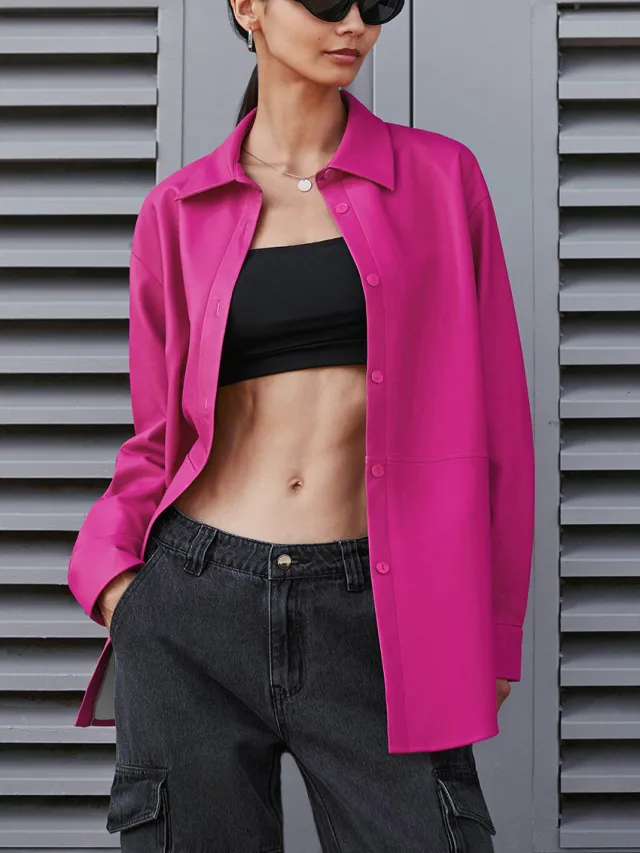 Fashion Long Sleeve Women's PU Shirt Leather Coat Rose Red - Shop at LoveMi