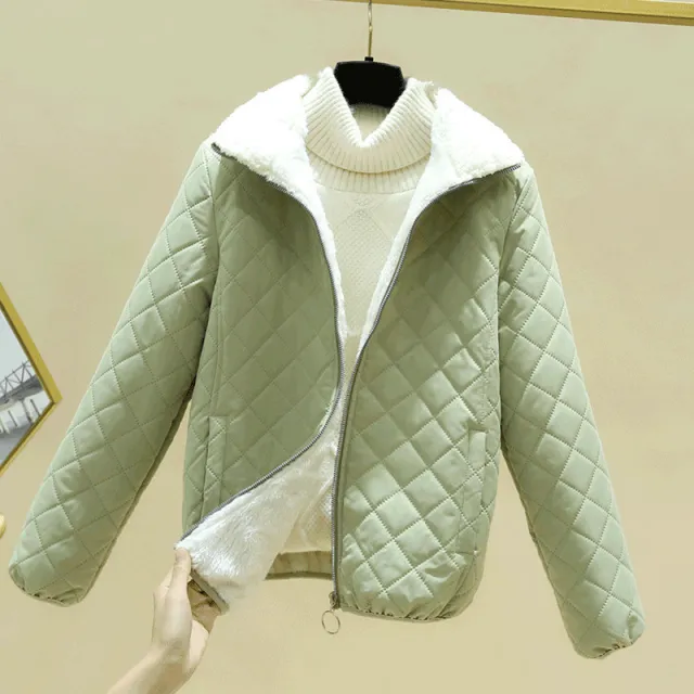 Lightweight Lamb Fleece Warm Stand collar Casual Loose Small Padded Jacket Green - Shop at LoveMi