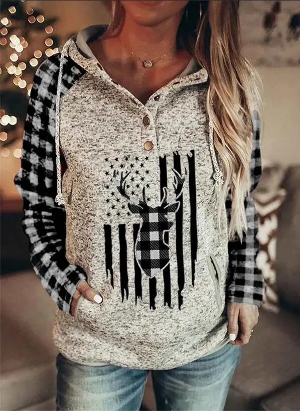 Hooded Loose Fleece Sweater Plaid Printed Long sleeved Top Black - Shop at LoveMi
