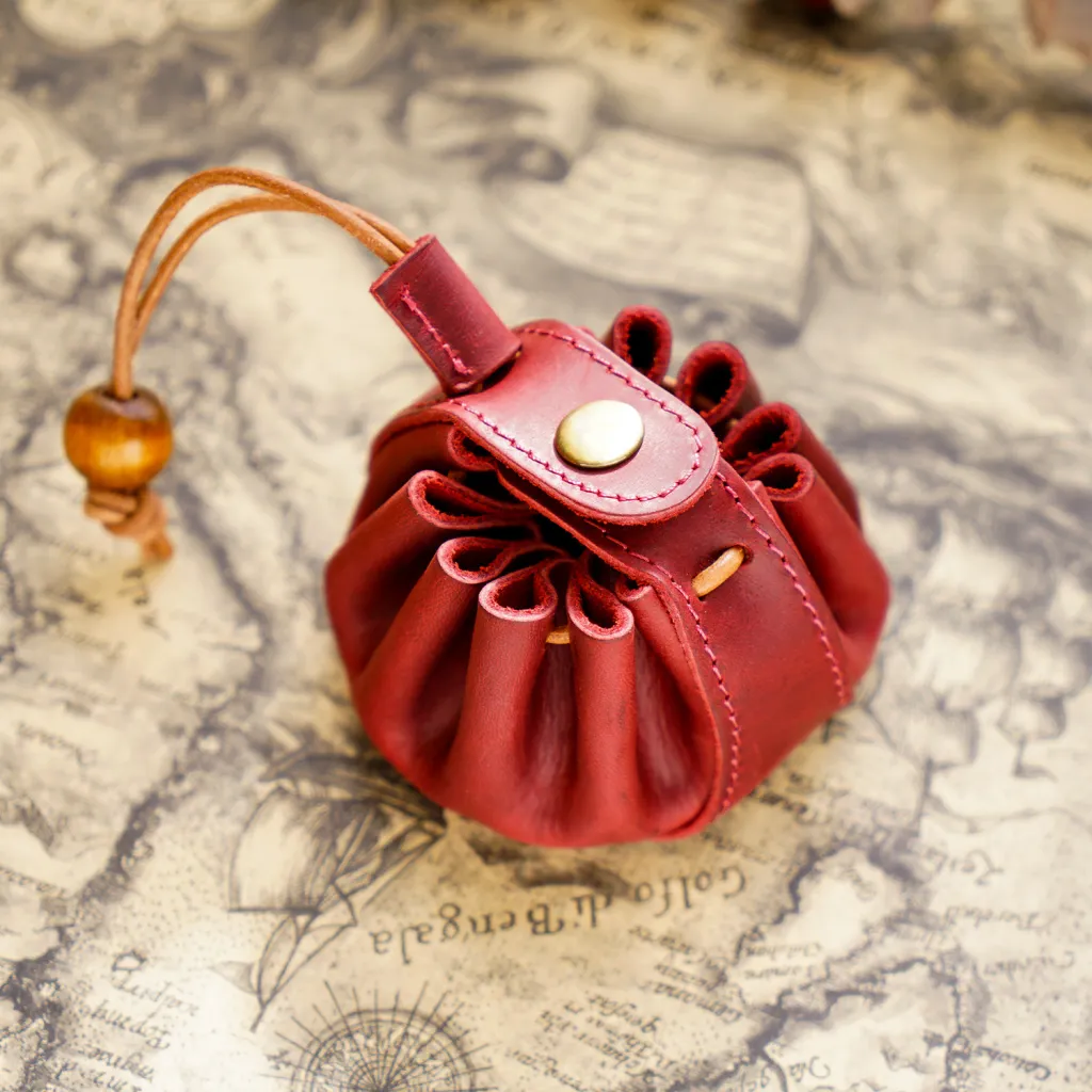 Handmade Top Layer Cowhide Zero Wallet Drawstring - Red