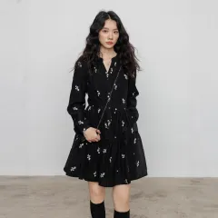 Loose Large Size Slimming New Black Floral Long Sleeve Dress - Black - View 1
