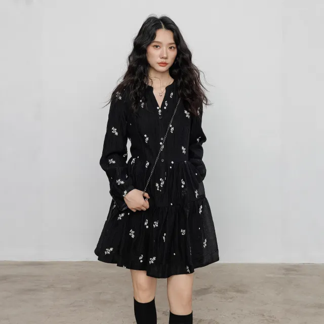 Loose Large Size Slimming New Black Floral Long Sleeve Dress Black - Shop at LoveMi