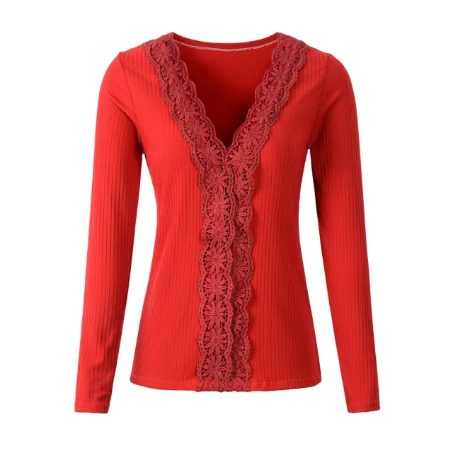 New Lace Long Sleeve Sweater Bottoming Shirt Women's Slim Stretch Top Red - Shop at LoveMi