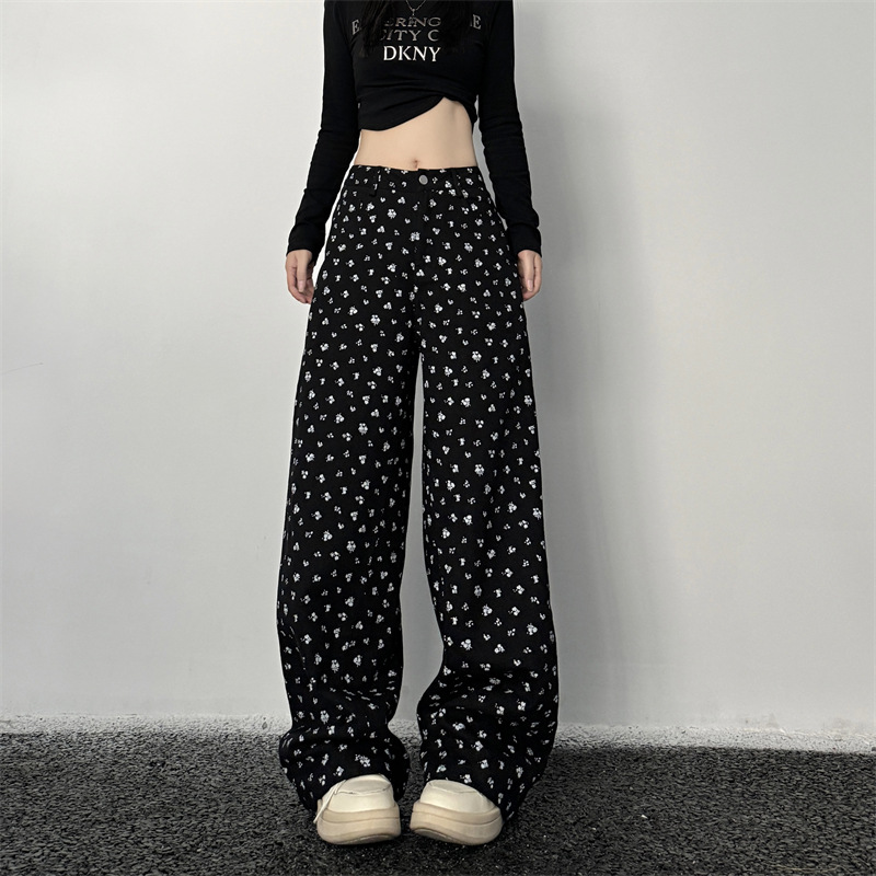 Vintage Floral High Waist Loose And Slimming Wide Leg Straight Jeans Black - Shop at LoveMi