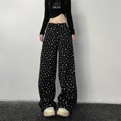 Vintage Floral High Waist Loose And Slimming Wide Leg Straight Jeans - Black - View 1