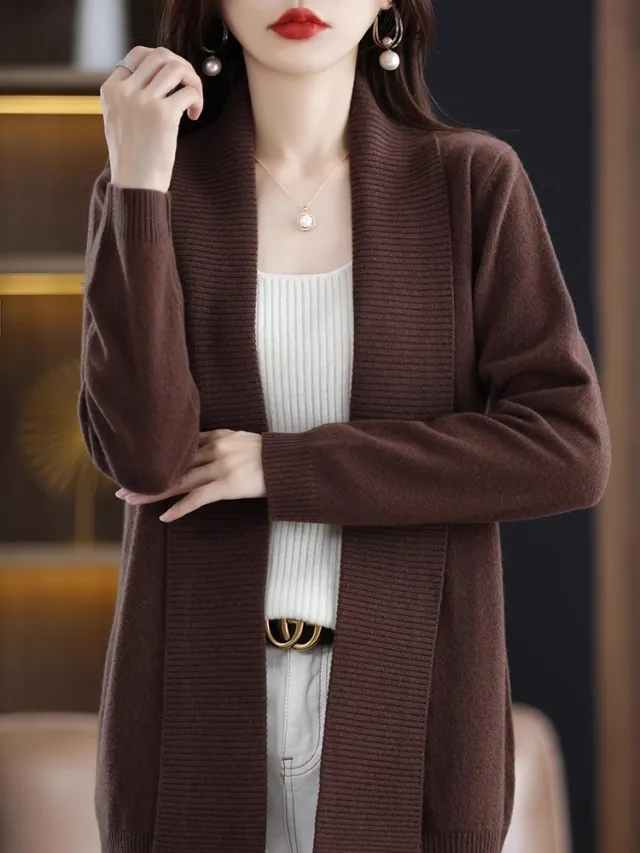 Fashion Cardigan Mid length Lapel Outer Long sleeves Sweater Coffee - Shop at LoveMi
