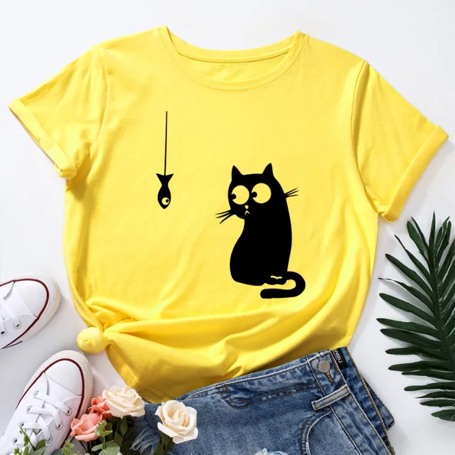 Women's Cute Cat Loose Round Neck Cotton Short Sleeve Yellow - Shop at LoveMi