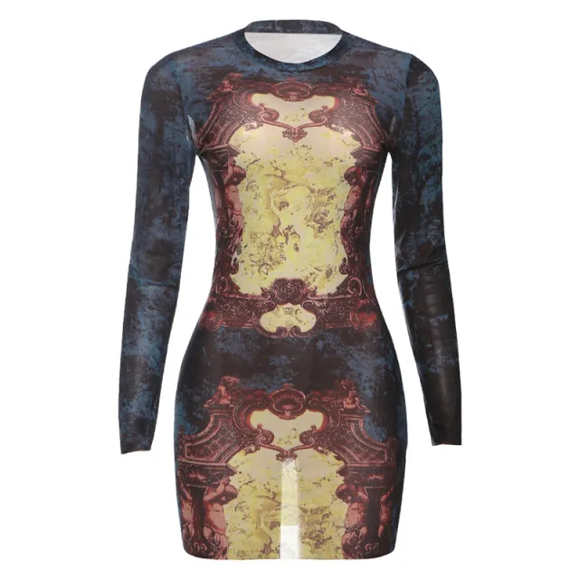 Body hugging A line Skirt With A Printed Long sleeve Dress Blue - Shop at LoveMi