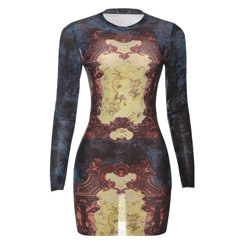 Body-hugging A-line Skirt With A Printed Long-sleeve Dress - Blue