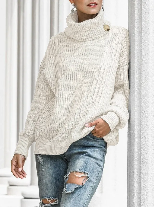 Autumn And Winter New Button Knitted Pullover Turtleneck Sweater Beige - Shop at LoveMi