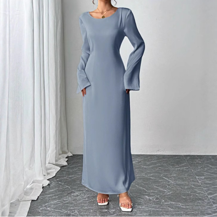 Fashionable Solid-Color Flared-Sleeve Crew-Neck Dress For Women product image