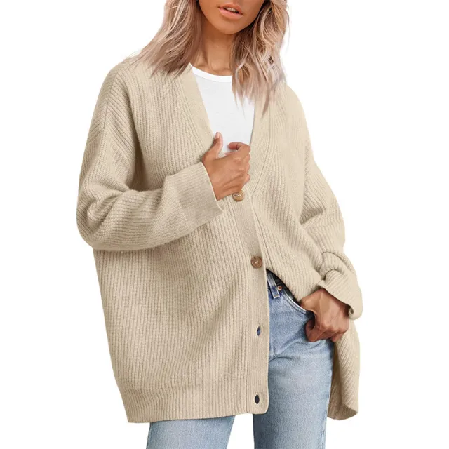 European And American Style Simple All match Knitted Button V neck Solid Color Sweater Beige - Shop at LoveMi
