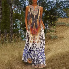 Four-sided Stretch V-neck Printed Sleeveless Dress Women's Summer - Brown - View 1