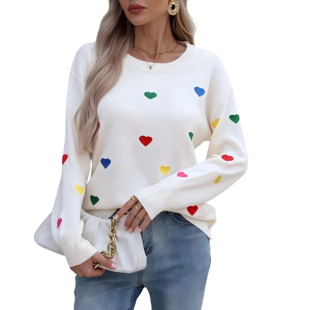 Love Jacquard Crew Neck Pullover Sweater Women Beige - Shop at LoveMi