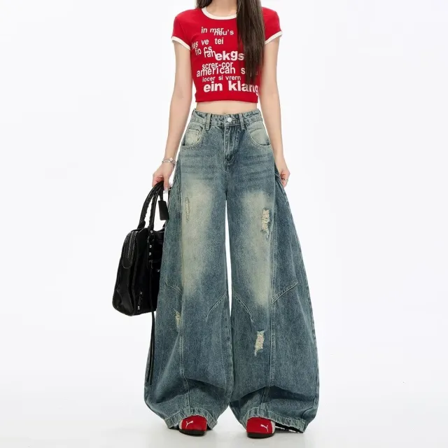 Retro Niche design Distressed Copper High rise Straight leg Loose fit Pants Retro Xs - Shop at LoveMi