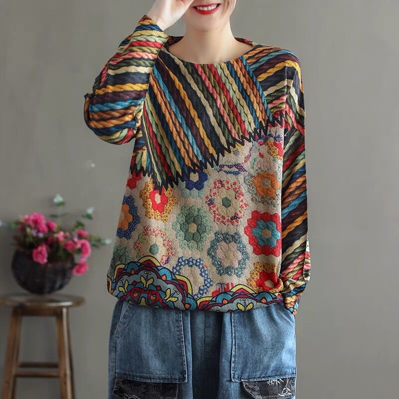Ethnic Print Sweater Loose Leisure Pullover